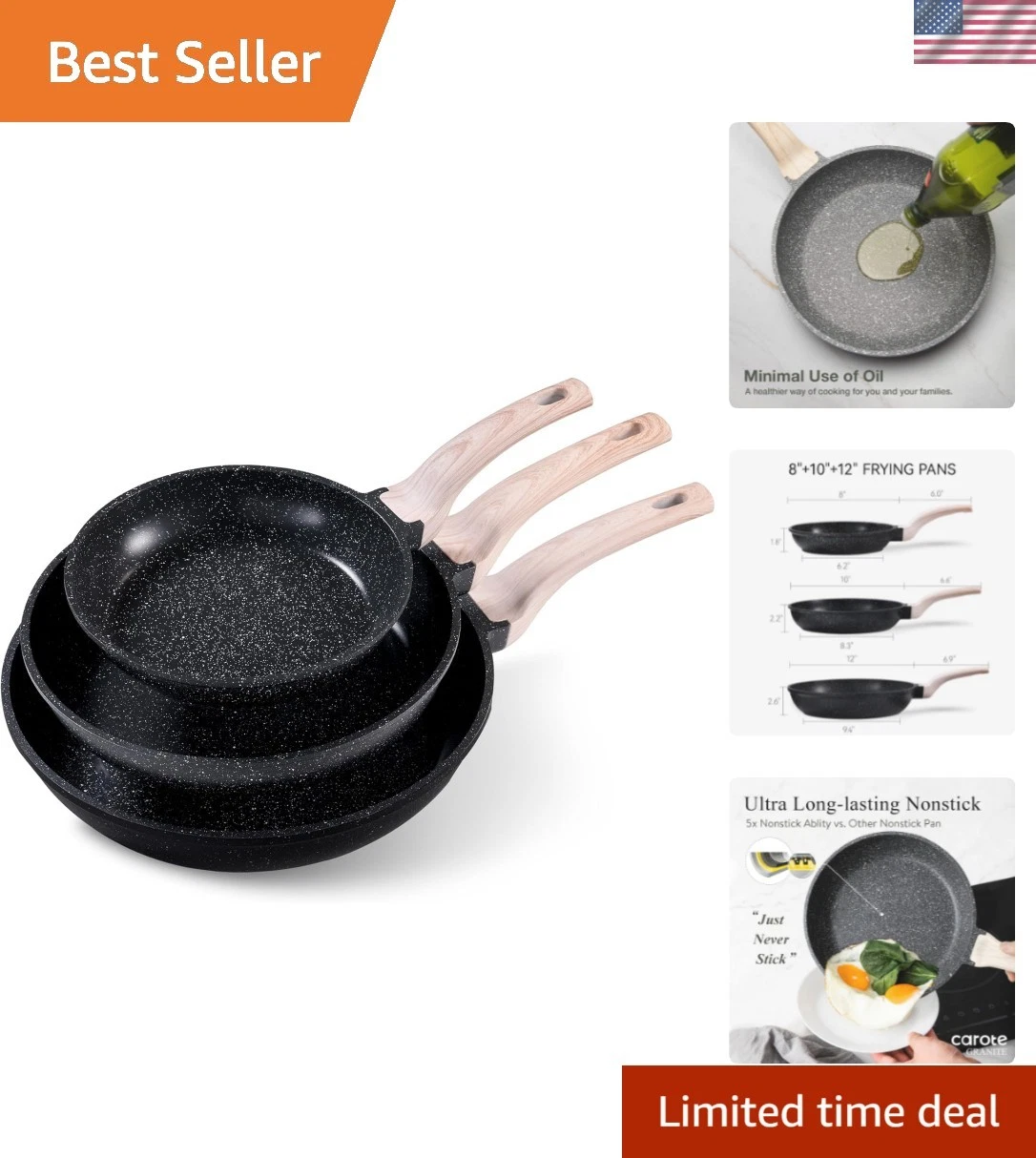 Non Stick Frying Pan Skillet Set, Omelet Pan, Healthy Non Toxic Granite Chef ...