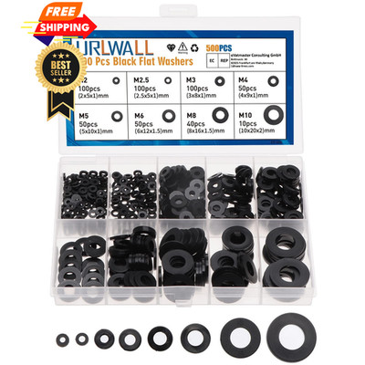 URLWALL 500Pcs Nylon Flat Washer Assortment Set, Washers 500black, Black