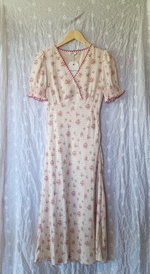 Simple Retro Thea Rose Polka Dot Floral V-neck Puff Sleeve Dress Size Small