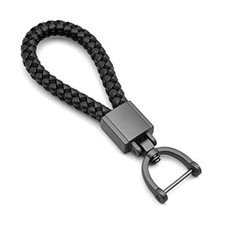 Universal Black Leather Car Fob Keychain Metal Keyring Woven Strap Braided
