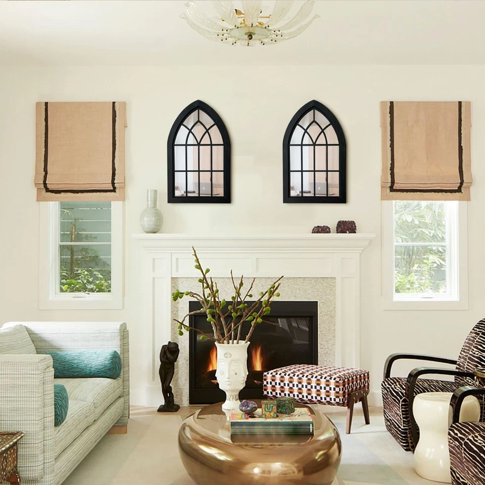 2PCS Arched Window Wall Mirror,Rustic Farmhouse Accent Mirror, Wood Framed En... - Image 2 of 4