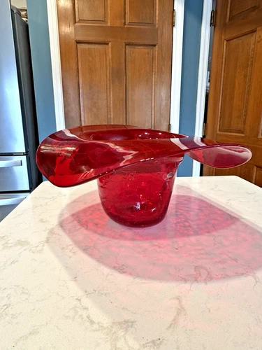 Vtg 2002 Blenko COWBOY  GLASS HAT Large RED RARE 16" long ice bucket  / BOWL