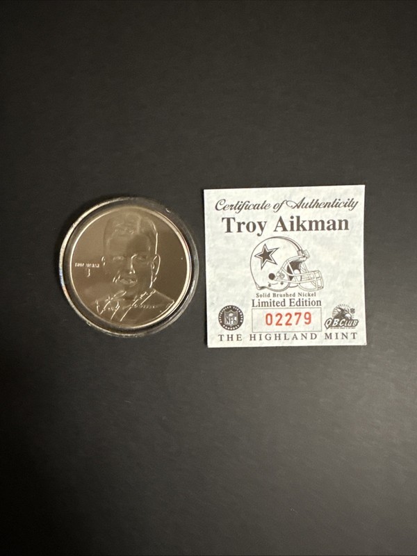 Troy Aikman Highland Mint Solid Brushed Nickel Coin Limited 10K with COA Cowboys