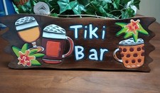 Hand Carved Tiki Bar Wood Sign Tropical Drinks Flowers Wall Art Decor 19" X 7"