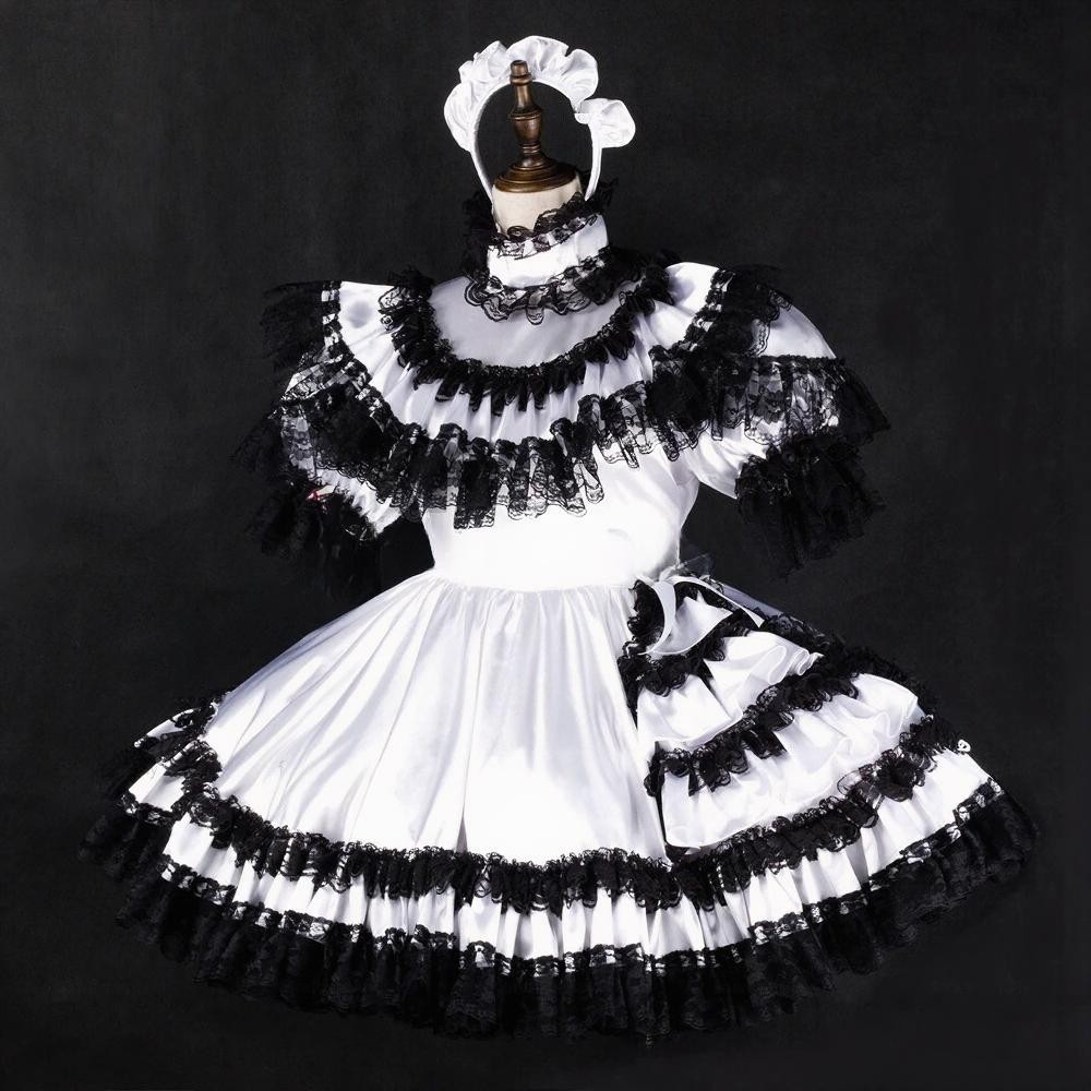 Adulto Niña Criada Sissy Bloqueable Blanco Satinado Vestido Cosplay Disfraces A Medida