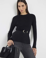 River Island Womens Peplum Top Black Knitted Long Sleeve Belted Crew Neck Blouse