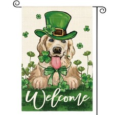 St Patricks Day Green Hat Dog Garden Flag 12x18 Inc Double Sided, Lucky Shamrock