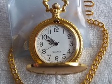 NEW Gold Quartz Analog Pocket Watch with Pendant 12"Chain  HOOKS for Men