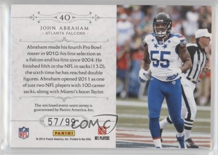 2011 Playoff National Treasures Colossal Materials /99 John Abraham #40 - Image 2 of 2