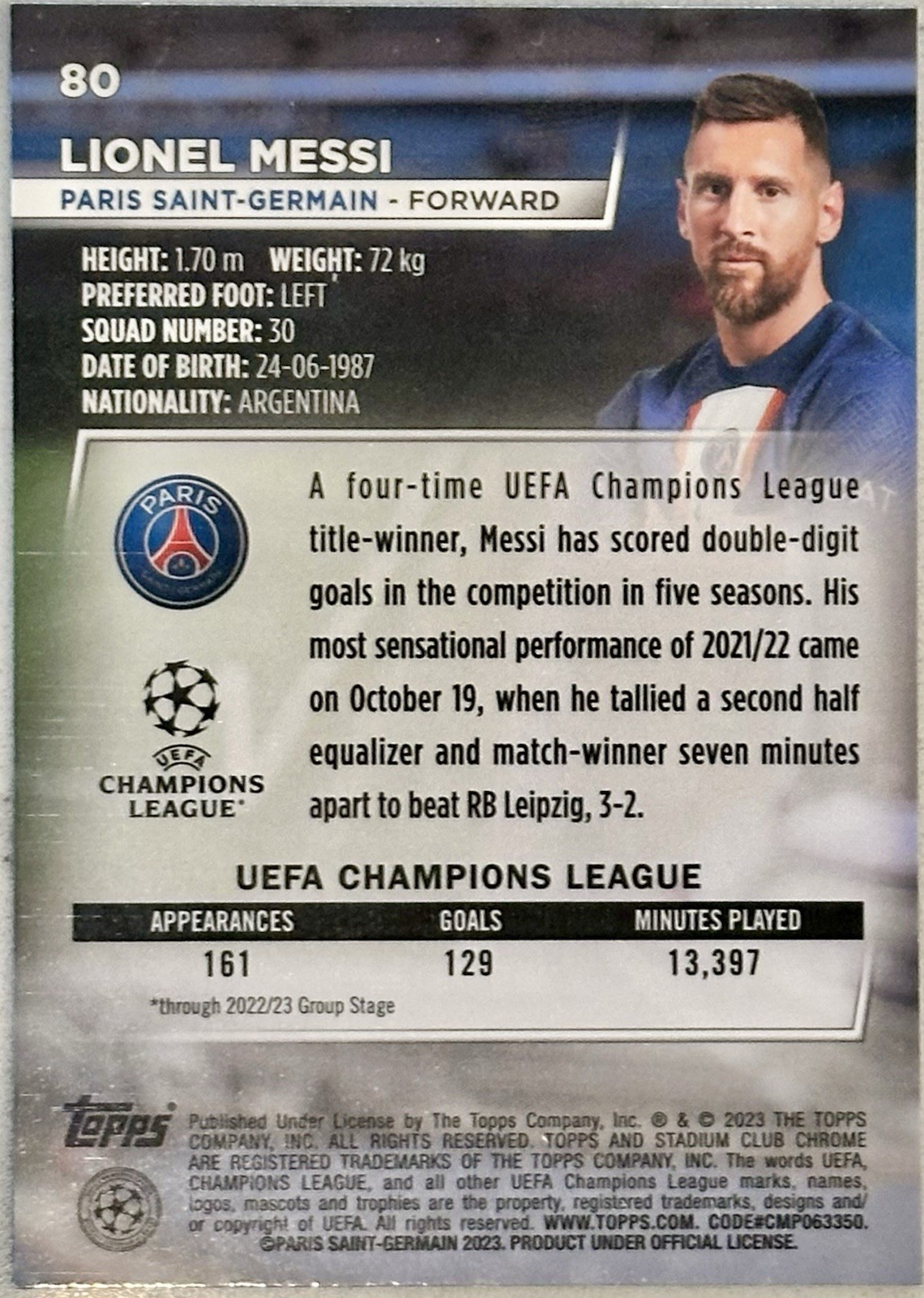 2022-23 LIONEL MESSI #80💎Topps Stadium Club Chrome Refractor UEFA Club~PSG view 2
