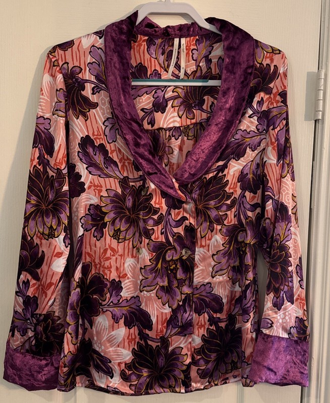 By Anthropologie Floral Satin Double Breasted Sleep Top -Size XS