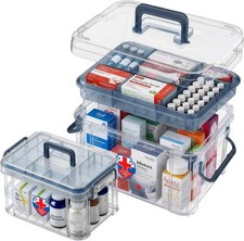 2 Pack Clear Medicine Organizer Box W/ Handle Plastic Medicine Container W/ Tray