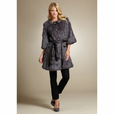 Manoush Women's Long rabbit fur jacket, size 8US, Gray, pearl