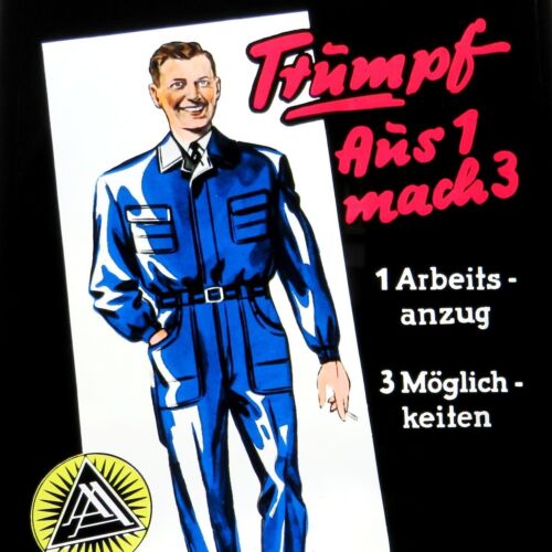 TRUMPF Aus 1 mach 3 = Altes Glasschild um 1955 RAR Sanfor Arbeitsanzug BLAUMANN - Picture 1 of 9
