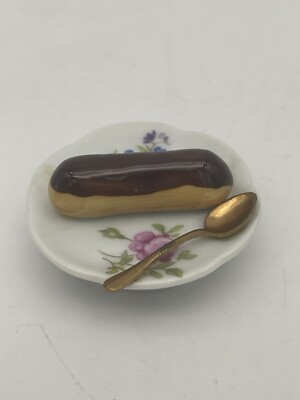 Limoges France Peint a la Main Eclair Dessert Spoon Plate Porcelain Trinket Box