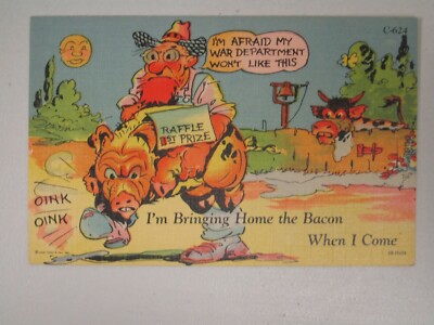 K1497 Postcard comic bringing home the bacon when I come man riding pig raffle