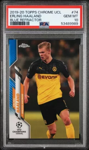2019-20 Topps Chrome UCL ERLING HAALAND Blue Refractor RC Rookie #109/150 PSA 10