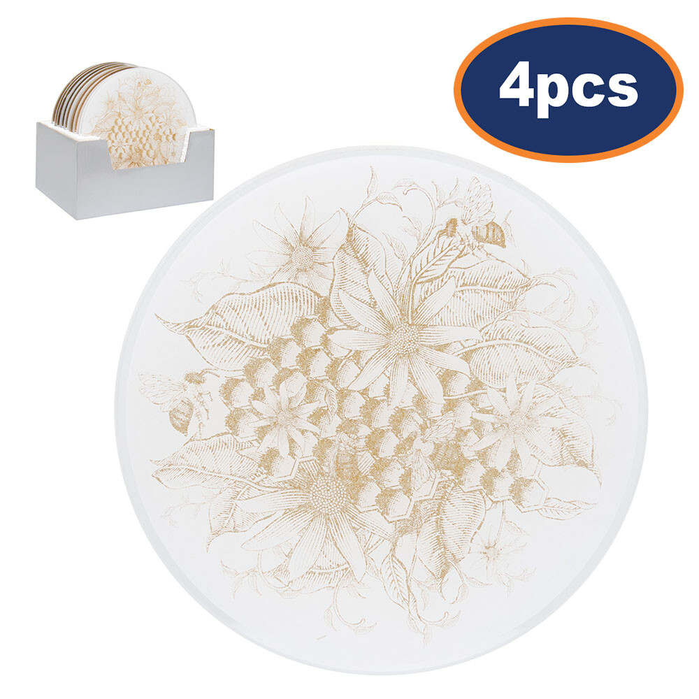 4pcs 20cm Wide Round Honeycomb Mirror Glass Candle Plate Glitter Gold Bees Gift
