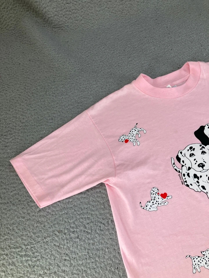 Camisa Dalmation vintage para mujer mediana rosa perros años 80 EE. UU. puntada única 1986 corazón Foto 4 de 4