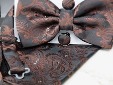 Bow Tie/Cuff Links/Pocket Square Set - Brown Paisley