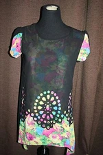 FASHION BLOUSE~ SIZE MEDIUM~ Z.Y.C.Z. BLACK SHEER MULTI FLORAL TOP SHIRT