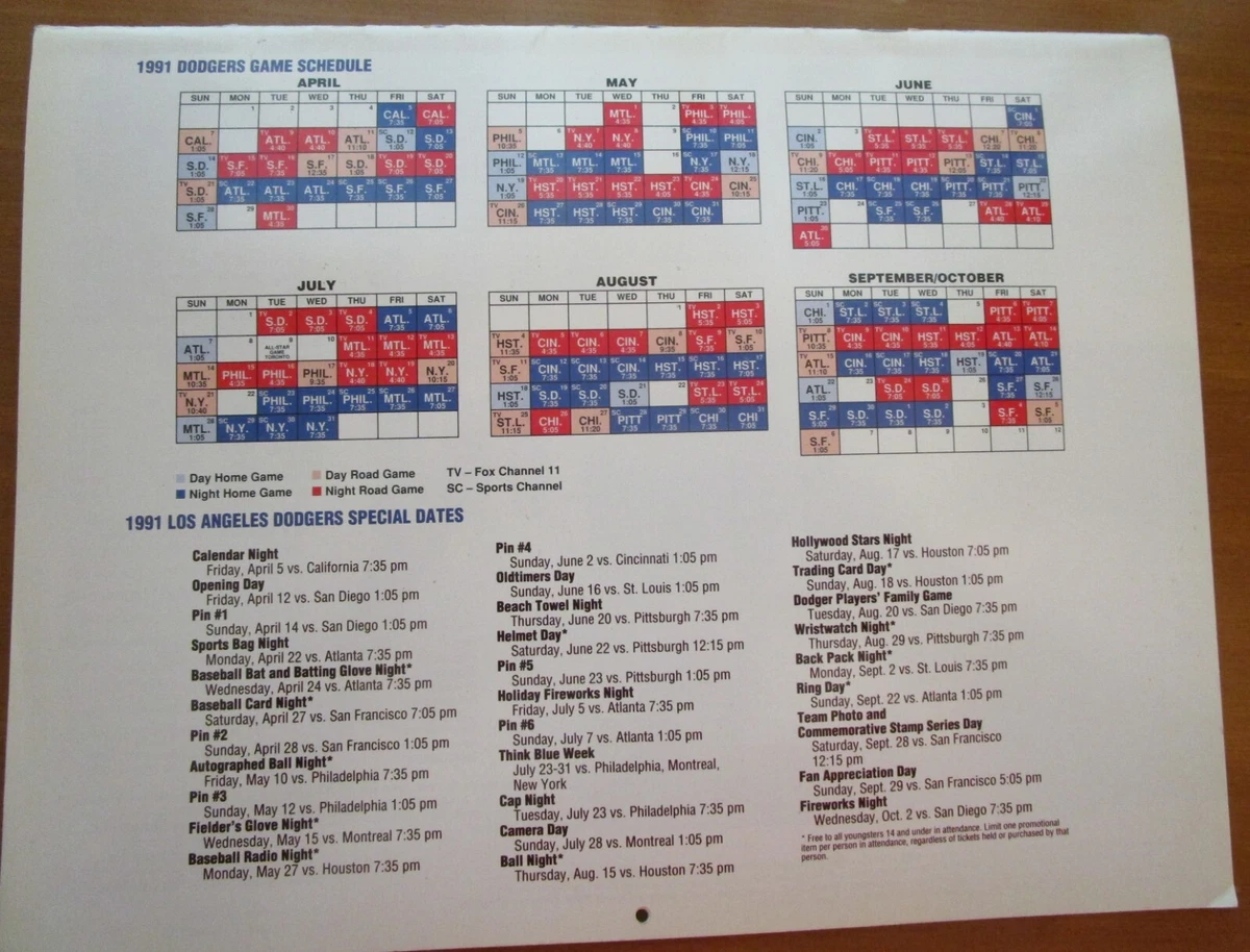 1991 LOS ANGELES DODGERS CALENDAR APRIL 1991 - MARCH 1992 | eBay