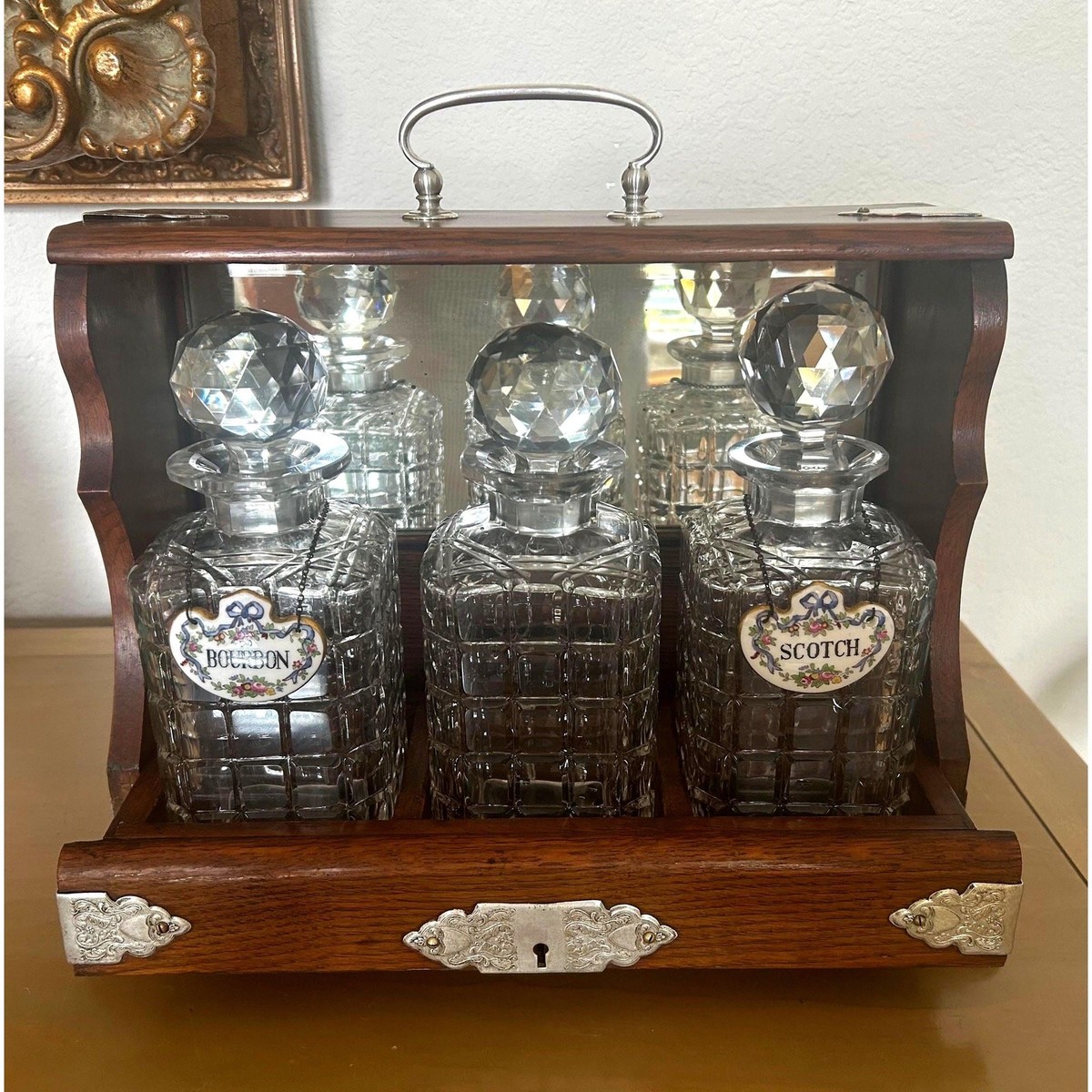 Antique Victorian Oak Tantalus with 3 Glass Decanters | eBay