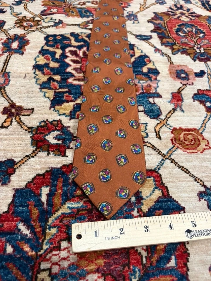 Corbata de Seda Leonard Paris Marrón Patrón Geométrico Hecha en Italia Nueva con Etiquetas Foto 3 de 4