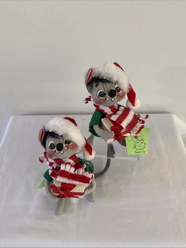2 Vintage Annalee Doll Christmas Mouse w Gift, Red& White Scarf, Hat