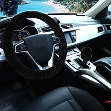 Fluffy Steering Wheel Cover for Women Girls, Universal Fit 15 short hair Black