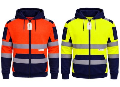 GM Workwear Hi Vis Hoodie mit durchgehendem Reißverschluss Klasse 3 reflektierendes Fleece Sicherheit Herrenschiene UK