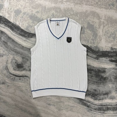 Lacoste Roland Garros Pullover weiß Gr. 4 / Lrg V-Ausschnitt Zopfmuster Sweater Weste