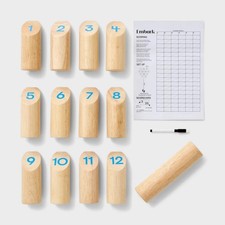 Embark Wooden Skittles Outdoor Lawn Game Set 12 Numbered Pins Baton Scorecard
