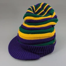 Striped Knit Visor Slouch Beanie Mens Purple Green Yellow Brimmed Hat Mardi Gras