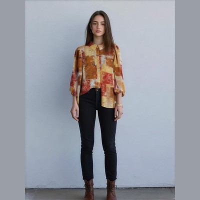 Nanette Lepore Blouse Women's Large Patchwork Yellow Orange Balloon Sleeve
