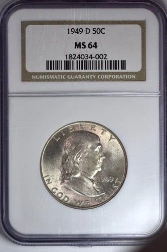 1949 D 50C Silver Franklin Half Dollar NGC Graded MS 64 FAST SHIPPING