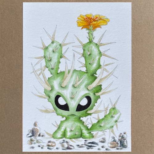 Paper Spine Cactus Flower Outdoor Alien ACEO Original Art OOAK Sci Fi Plant