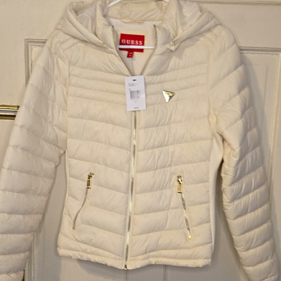 GUESS Macy Puffer JKT Women's Hooded Full Zip Down Jacket White Size M