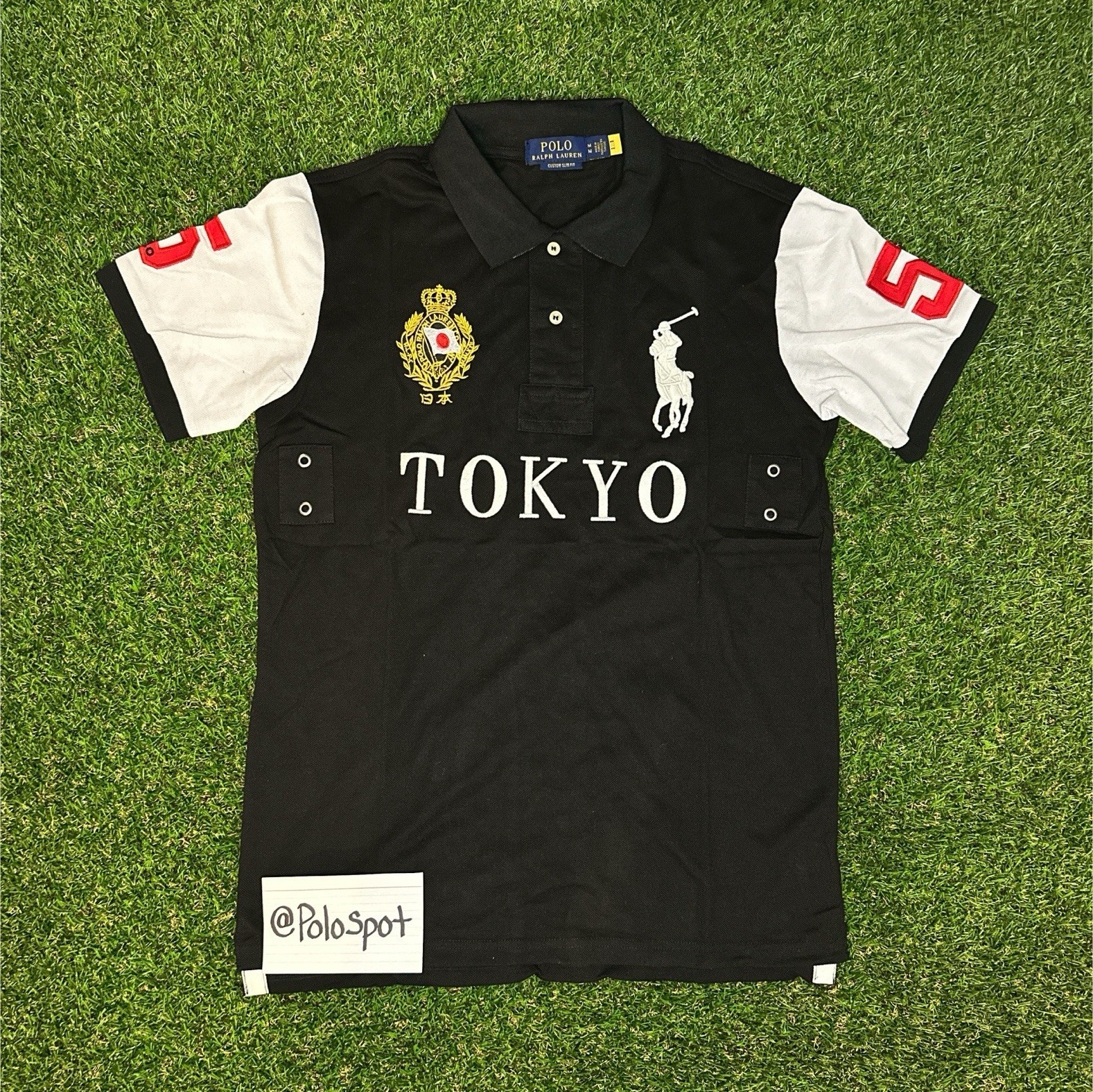 Polo Ralph Lauren Tokyo City Polo Shirt Black Logo Number 5 Embroidered SIZE M