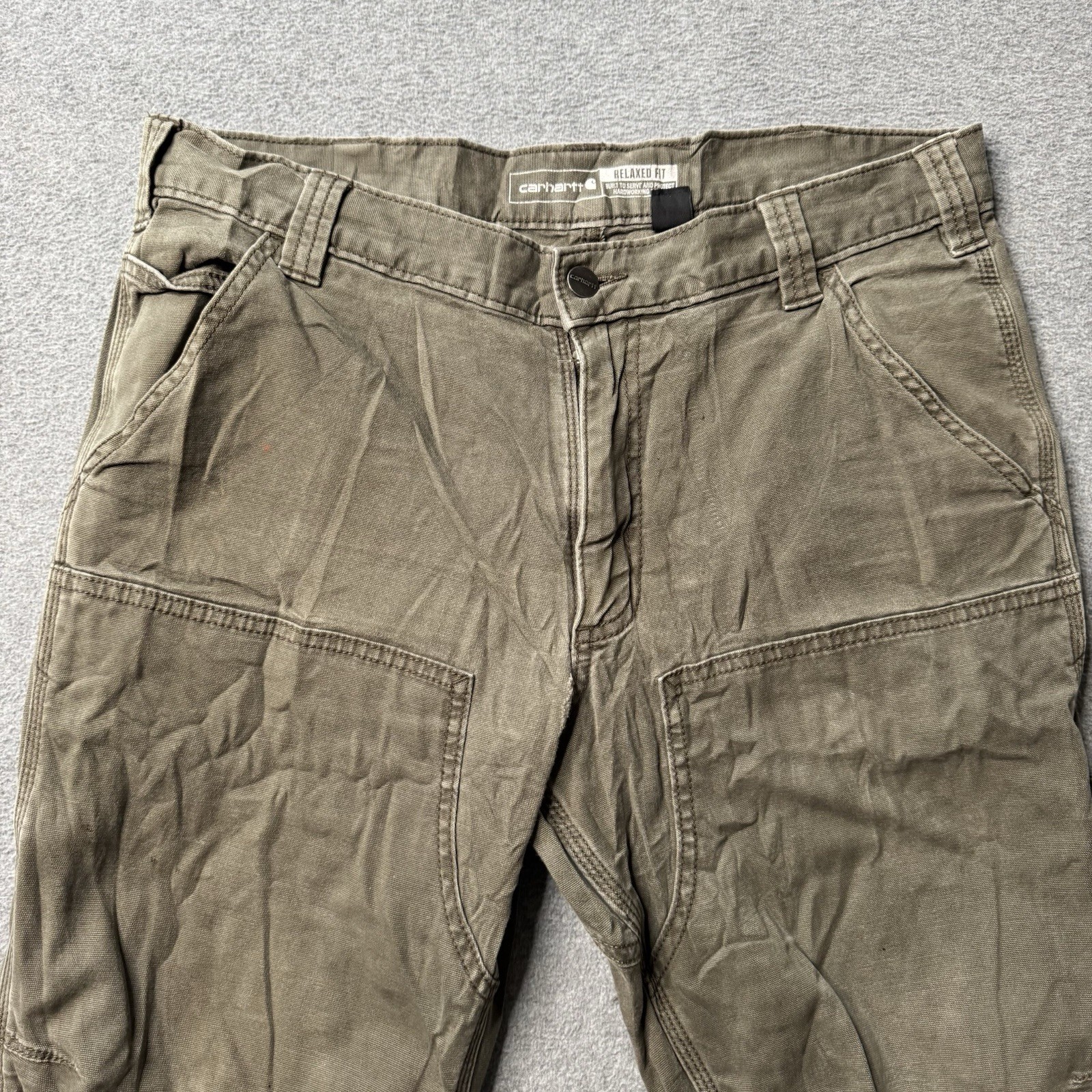 Carhartt Pants Mens 33x30 Green Canvas Double Knee Bottom Ripstop Workwear Adult