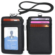 Leather ID Badge Holder with Neck Lanyard, Card Slots and Zipper Pocket