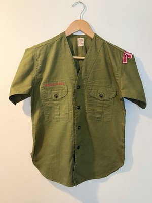 Vintage BSA Boy Scouts Uniform Shirt Sanforized Laconia NH Patch Olive Green