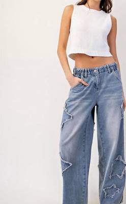New Ee:some Karina Star Denim Pants Light Blue High Rise Size Medium Raw Hem