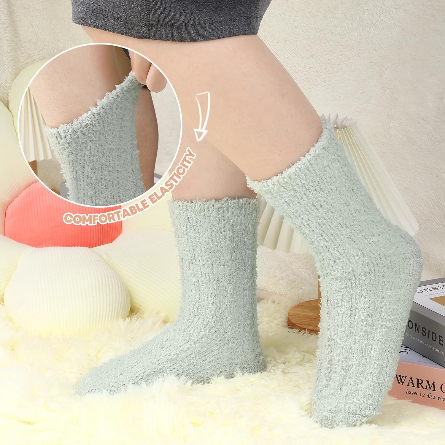6 Pairs of Plush Women’s Socks - Warm Fluffy Slippers for Cold Weather Comfort