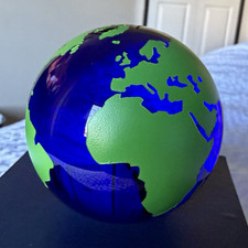 Blue  Green Glass Earth Globe Paperweight, 3 in, Glossy Decorative Freestanding