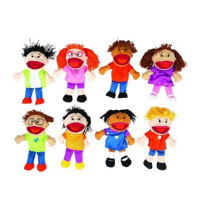 Fun Express Hand Puppets for Kids - 8 Multicultural Plush Puppets with Movable M