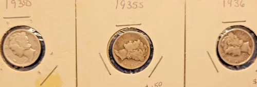 1935D/1935S/1936 Mercury Dimes Set of 3 Nice VG All Mint Locations Graded Fairly