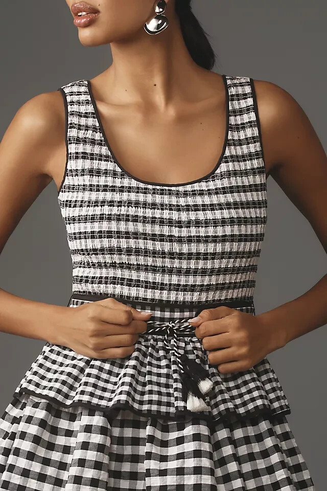 Hunter Bell Andrea Tiered Midi Dress Anthropologie  B&W Plaid Checkered  8 NEW