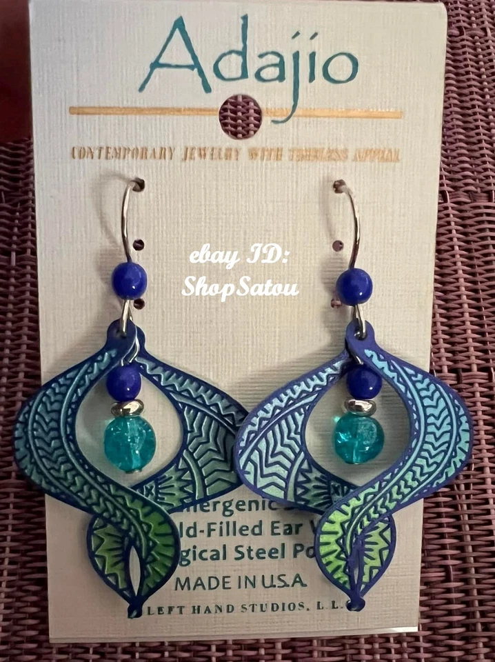 NEW ADAJIO Figure 8 Wide Ombre BLUE & GREEN Swirl Earrings w/ Beads #7615 - Image 3 of 4