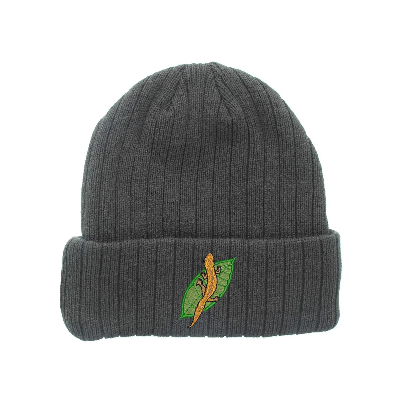 Lizard on leaf embroidered fleece beanie hat, insulated winter beanie hat